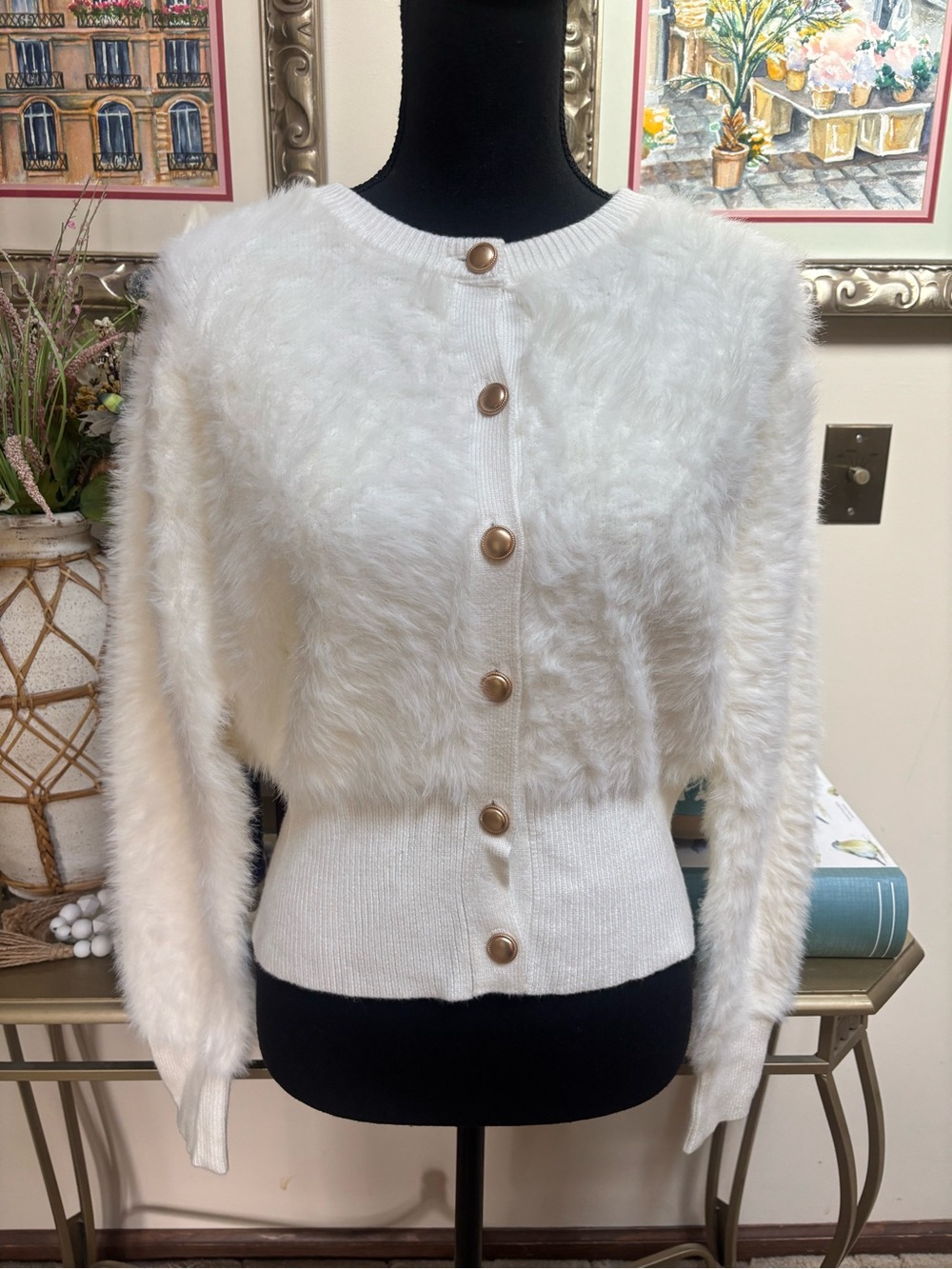 Bailey 44 White Fuzzy Faux-Fur Button Cardigan with Gold-Tone Buttons SZ M NWOT